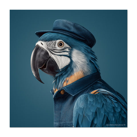 Blue parrot wearing a blue jacket and hat on a dark blue background