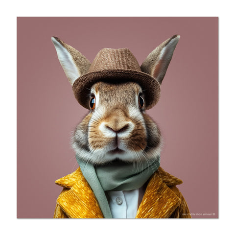 Rabbit wearing a hat and coat with a plain background
