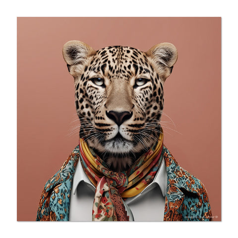 Leopard wearing a colorful scarf and patterned shirt against a brown background