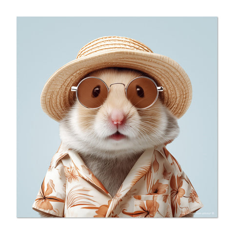 Hamster wearing a straw hat and sunglasses with a light blue background