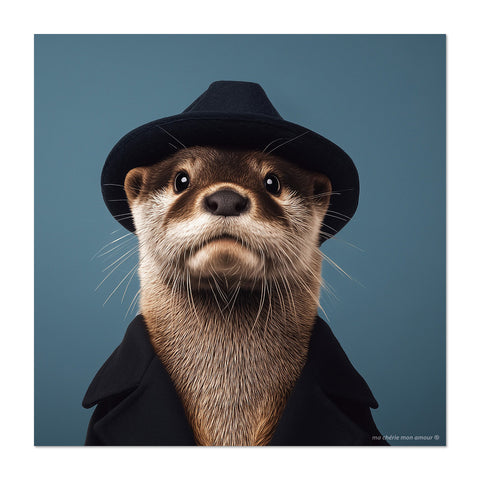 Otter wearing a black hat and coat against a blue background