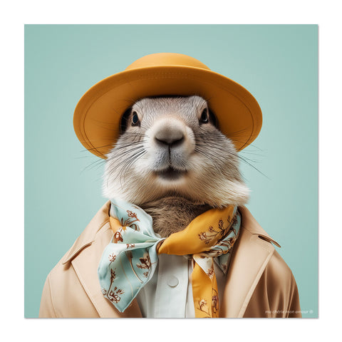 Marmot wearing a yellow hat, beige coat, and patterned scarf against a light blue background