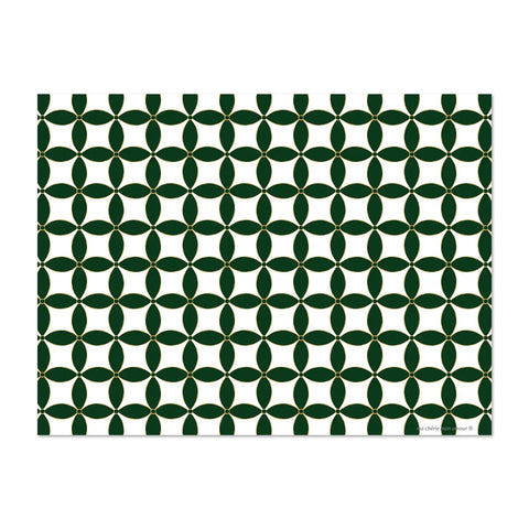 rectangular vinyl placemat featuring a variety of geometric and symbolic motifs, green and white colors, including the clover, cross, shippou, and diamond,4 different designs for a colorful table, made in Europe, easy to clean