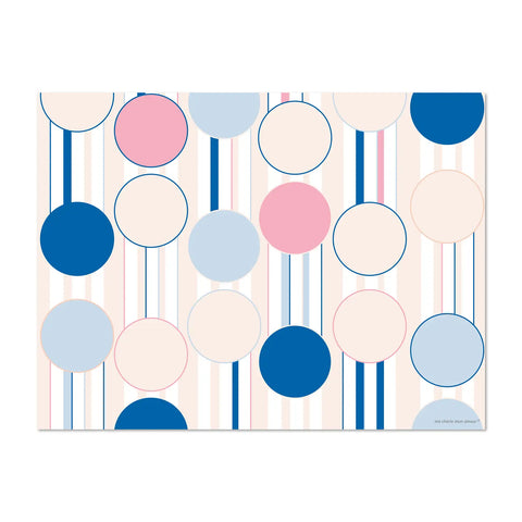 rectangular vinyl placemats featuring a variety of whimsical designs of colorful bubbles floating through the air, in a soothing peach pastel color palette, 4 different designs for a colorful table, made in Europe, easy to clean