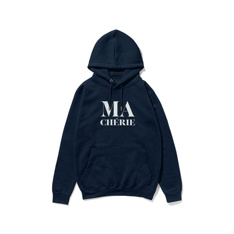Navy blue hoodie with Ma Chérie French slogan. Classic color to wear for a urban or casual look.