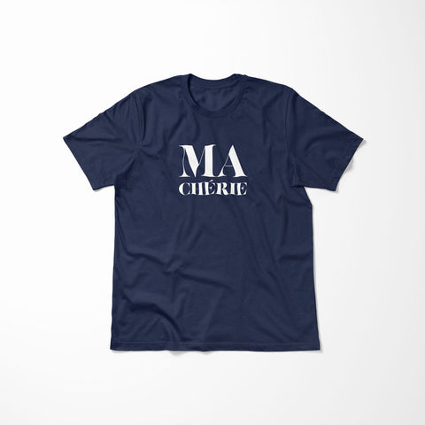 Blue men fitted T Shirt 100% cotton with the French slogan Ma chérie. Available with Mon amour slogan as well and in several colors.