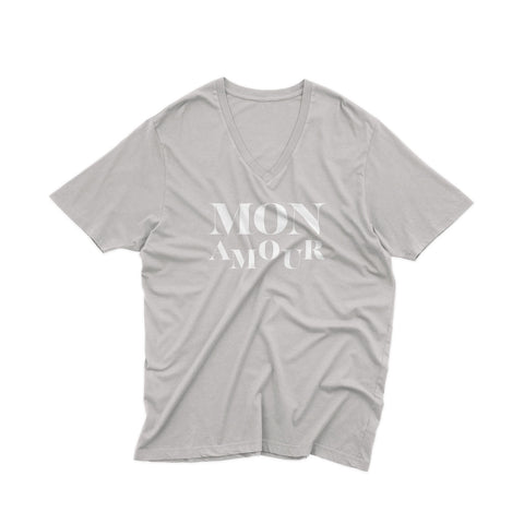 Grey men T Shirt V neck  100% cotton with the french slogan Mon amour. Available with Ma Chérie slogan as well and in several colors.