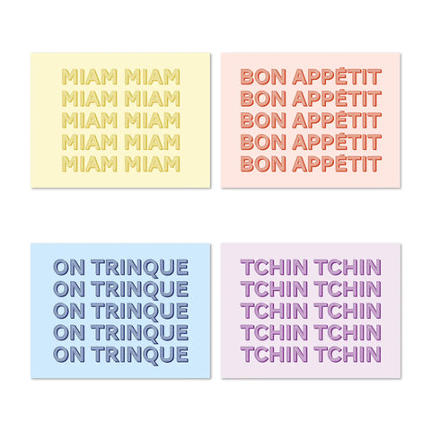 The Bla Bla collection of exquisite French placemats set of 4 designs with colorful motives, typically French words like Miam Miam, Bon Appétit, On trinque and Tchin Tchin, in a modern typography, and pastel colors, crafted with top-quality vinyl, will be your daily decoration for your meals. Made in Germany, and easy to clean. Let’s make your table so French and pop!