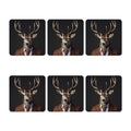 Set of six coasters with a deer wearing a suit on a dark background