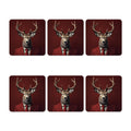 Set of six coasters with a deer wearing a red suit on a red background