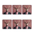Six coasters with a deer in a suit and pink tie on a pink background