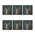 Six coasters with a deer wearing a suit on a dark background