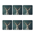 Set of six coasters with a deer wearing a suit on a dark green background