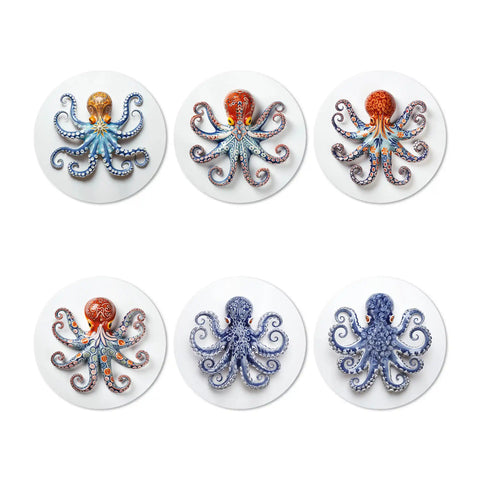 Enhance and design your table decor with our Octopus Vinyl Coasters, reminiscent of Portuguese ceramic art. This bold colors fascinating octopus illustration not only looks amazing but is also a breeze to clean.