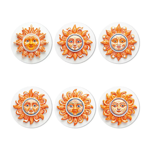 Enhance and design your table decor with our Sun Vinyl Coasters, reminiscent of Portuguese ceramic art. These shades of orange fascinating sun illustration not only looks amazing but is also a breeze to clean.