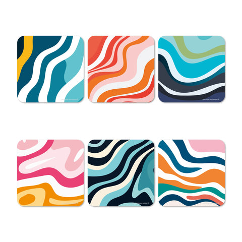 Elevate your dining decor with our vinyl coasters set of 6 featuring a stunning wave design. With a harmonious blend of colors, they effortlessly mix patterns, adding a touch of elegance. 