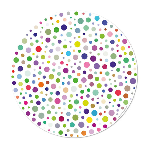round vinyl placemats featuring a colorful polka dot pattern, reflecting the current trend for this playful and vibrant design, 6 different designs for a colorful table, made in Europe, easy to clean