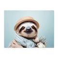 Sloth wearing a hat and scarf holding flowers on a light blue background
