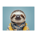 Sloth wearing a yellow sweater and patterned scarf on a blue background