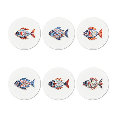 Our design Fish Pattern Set of 6 Coasters in Vinyl, are crafted with precision and inspired by the timeless beauty of Portuguese ceramics. The captivating blue and orange colors of the fishes add a vibrant touch to your meals and bring a touch of Mediterranean flair on your dining table.
