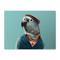 Parrot wearing a suit and hat on a teal background