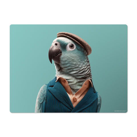 Parrot wearing a suit and hat on a teal background