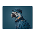 Blue parrot wearing a denim jacket and cap on a dark blue background