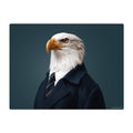 Eagle wearing a suit with a tie on a dark background