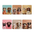 Set of six coasters featuring animals like cats and dogs wearing hats and sunglasses on a white background.