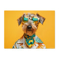 Dog wearing sunglasses and a colorful shirt on a yellow background