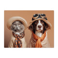 Cat and dog wearing hats and scarves on a brown background