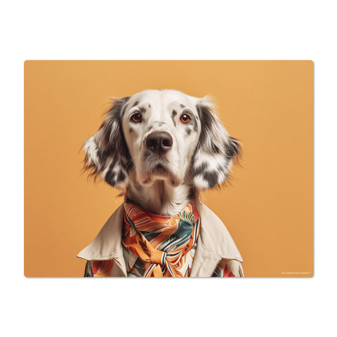Dog wearing a colorful scarf and shirt on a mustard yellow background