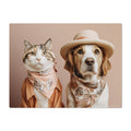 Cat and dog wearing hats and scarves on a beige background