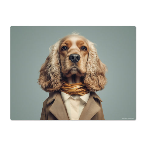 Dog wearing a coat and scarf on a gray background