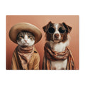 Cat and dog dressed in vintage clothing with a brown background