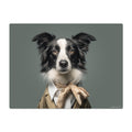 Dog wearing a suit and bow tie on a gray background
