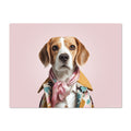 Dog wearing a colorful jacket and pink scarf on a pink background