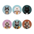 Set of six circular coasters featuring stylized cat portraits with different outfits on a white background.