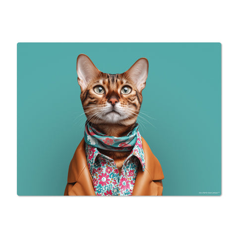 Cat wearing a floral shirt and brown jacket on a teal background
