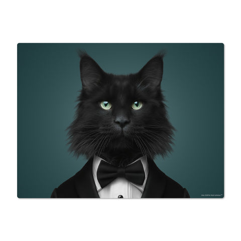 Black cat wearing a tuxedo against a dark green background