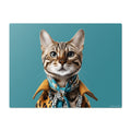 Cat wearing a coat and scarf on a teal background
