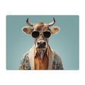 Cow wearing sunglasses and a patterned shirt on a light blue background