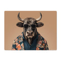 Cow wearing sunglasses and a floral shirt on a brown background