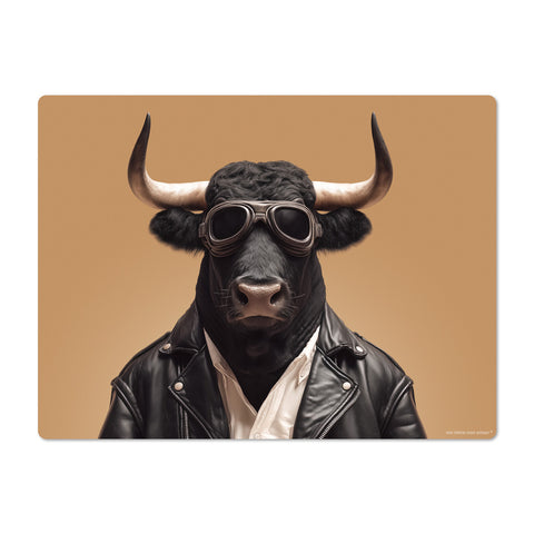 Bull wearing a leather jacket and goggles on a brown background