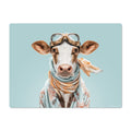 Cow wearing goggles and a scarf on a light blue background