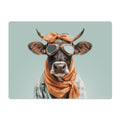 Cow wearing goggles and an orange bandana on a light blue background