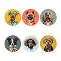 Set of six circular coasters featuring dogs in different outfits on a white background