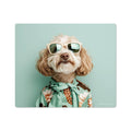 A vinyl mouse pad with a whimsical dog head design wearing sunglasses and a floral shirt against a light blue background.