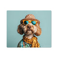 A vinyl mouse pad with a whimsical illustration of a dog wearing sunglasses and a hat.