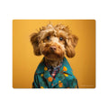 A vinyl mouse pad with a whimsical dog head design, featuring a brown dog wearing a green shirt with a floral pattern against a yellow background.